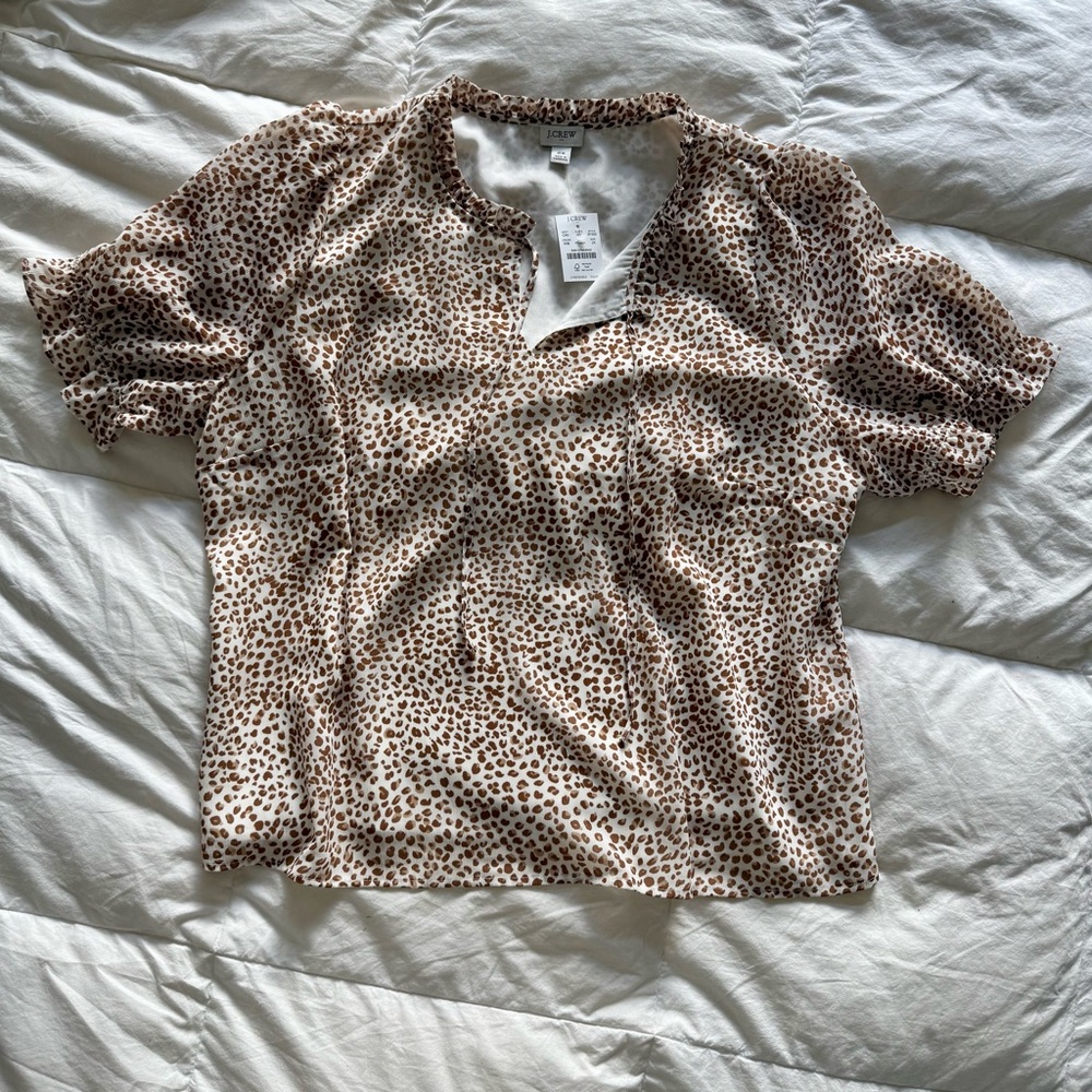 J. Crew Brown and White Puff Sleeve Blouse